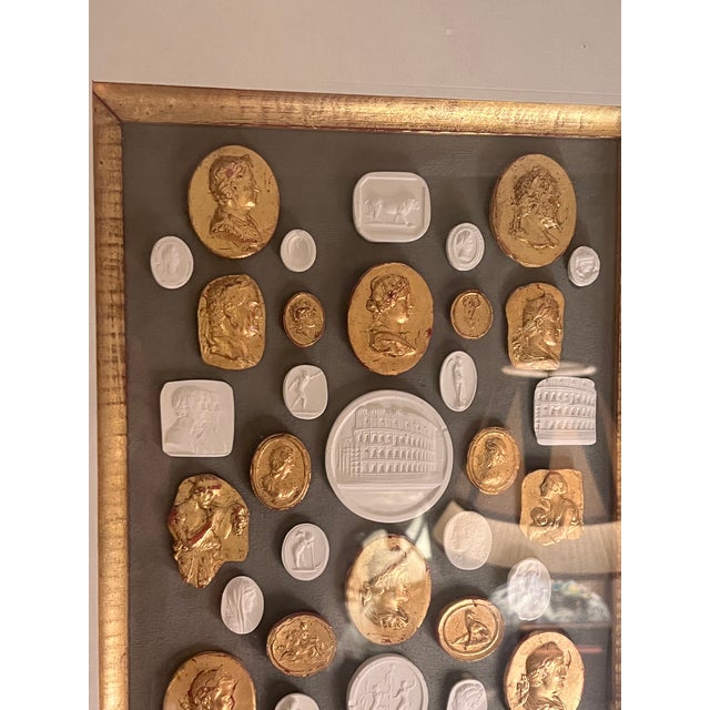 Late 20th Century Fine Large Neoclassical Revival Shadow Box With Grand Tour Gilded & Plaster Intaglio Set For Sale - Image 10 of 11