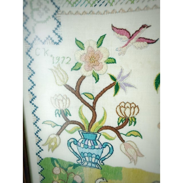 1970s 1972 Vintage Hand Embroidered Alphabet Sampler, Framed Folk Art Needlework With Floral & Animal Motif For Sale - Image 5 of 9