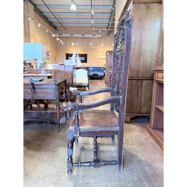 Traditional Antique Renaissance Revival Heraldic Carved Throne Chair For Sale - Image 3 of 10