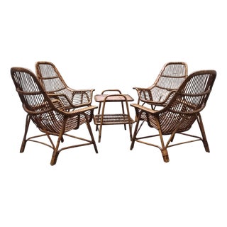 Rattan Armchairs with Coffee Table by George Coslin for Gervasoni, Italy, 1960s, Set of 5 For Sale
