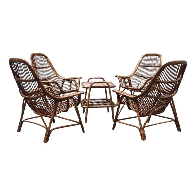 Rattan Armchairs with Coffee Table by George Coslin for Gervasoni, Italy, 1960s, Set of 5 For Sale