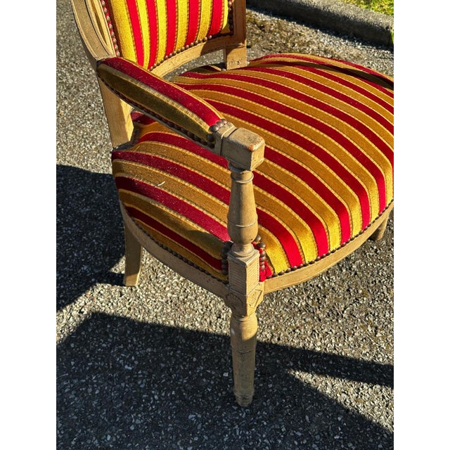Louis XVI Cabriolet Armchair in Patinated Wood and Striped Velvet For Sale - Image 10 of 15