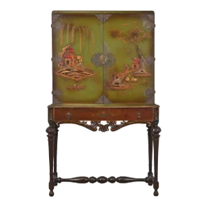 Chinoiserie Jacobean Hand Painted Bookcase or Bar Cabinet, Circa 1920s