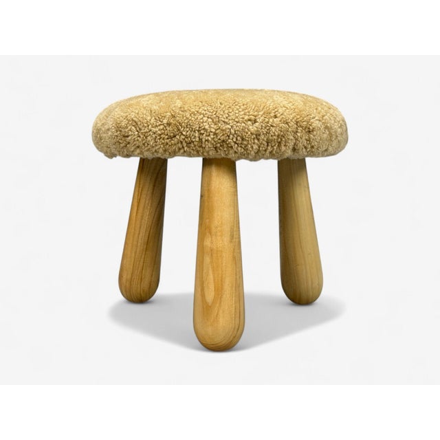 Danish Modern Style, Honey Sheepskin, Maple, Shearling Footstools, 21st Century- Set of 2 For Sale In New York - Image 6 of 10