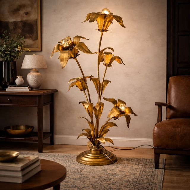 Attributed to Hans Kögl Germany, 1970s Hollywood Regency style Brass construction Sculptural palm leaf design Multiple...