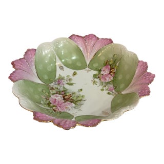 Floral Porcelain Scalloped Bowl With Pink & Green Petal Design and Gold Gilt Trim For Sale