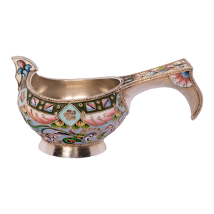 Antique Imperial Russian Solid Silver Gilt Cloisonne Enamel Kovsh Moscow 1908