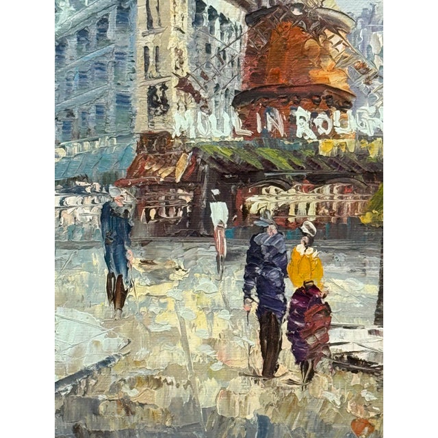 Figures on Parisian Street With Moulin Rouge Paris Sign in Impressionist Style - Shabby Chic Distressed Frame For Sale - Image 4 of 15