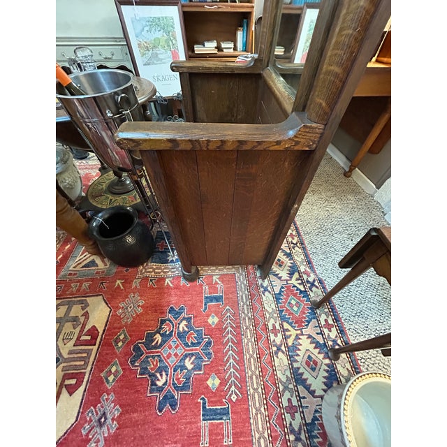 Antique Tiger Oak Hall Tree With Bevelled Mirror & Duck Coat Hooks For Sale - Image 10 of 18