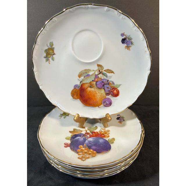 Hollywood Regency Antique Set of 6 Gold Rimmed Fruit Motif Appetizer Plates Made in Germany For Sale - Image 3 of 10