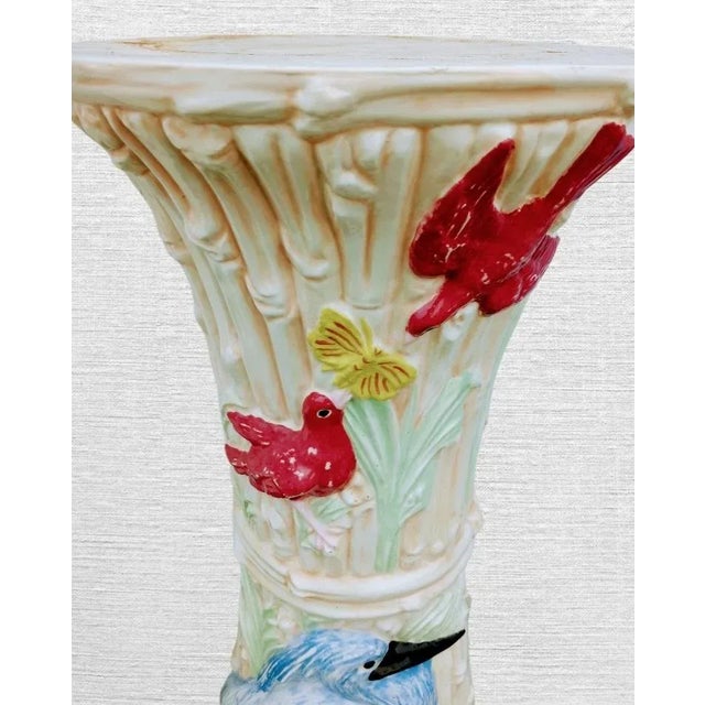 Traditional Vintage Ceramic Italian Colorful Faux Bamboo Heron Bird Floor Planter 1988 For Sale - Image 3 of 7