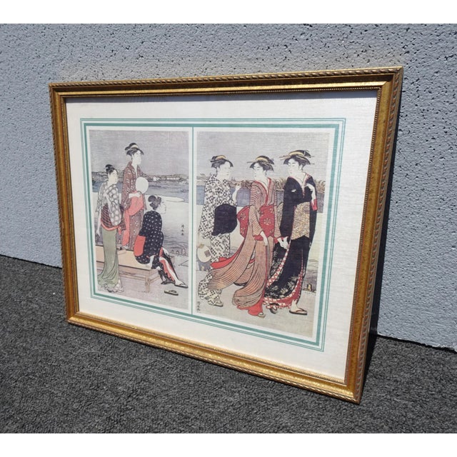 Asian Signed Vintage Oriental Asian Picture of Geishas For Sale - Image 3 of 12