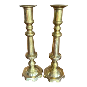 Vintage Solid Brass Tall Candlesticks, a Pair