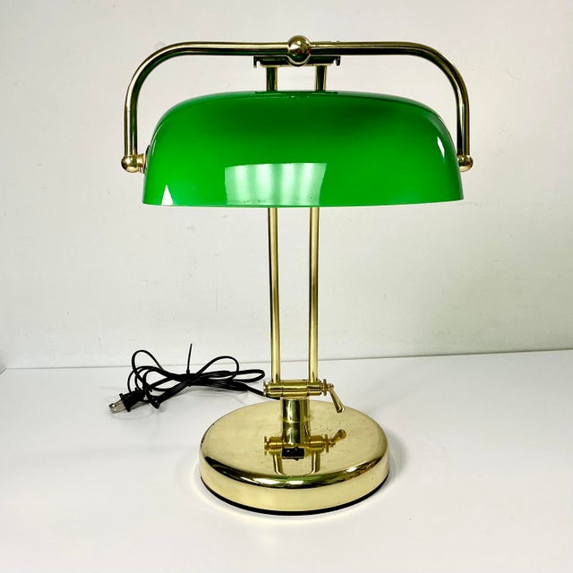 Art Deco 1970s Vintage Art Deco Arts & Crafts Emeraldite Bottle Green Glass Shade Brass Bankers Desk Lamp For Sale - Image 3 of 16