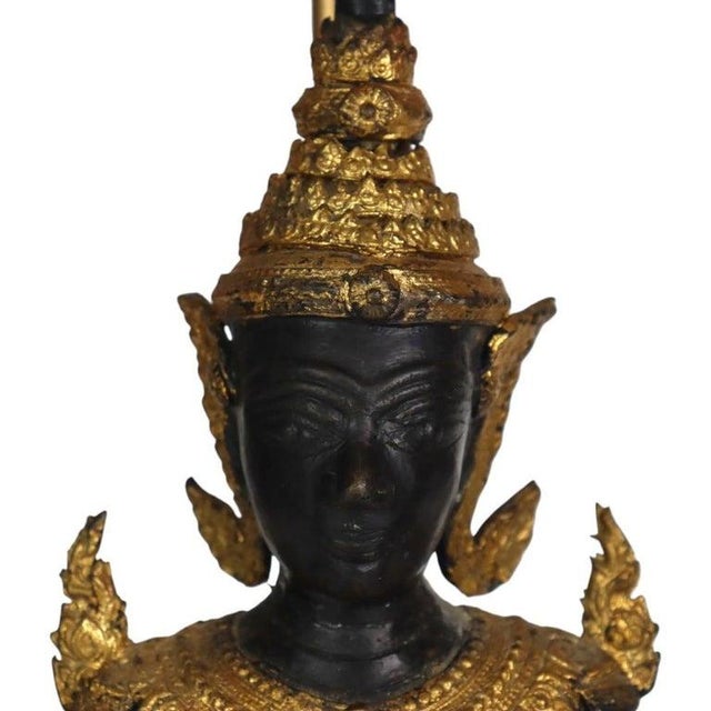 Antique Thai Lacquered & Gilt Figural Bronze Teppanom Guardian Angel Lamps - a Pair For Sale - Image 6 of 11