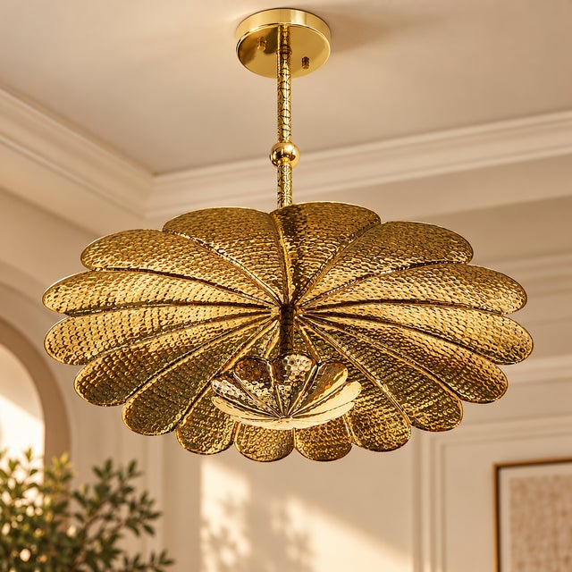 Not Yet Made - Made To Order Handmade Brass Floral Ceiling Light, Vintage Lotus Flower Chandelier, Hammered Brass Pendant Light, Scalloped Ceiling Fixture For Sale - Image 5 of 13