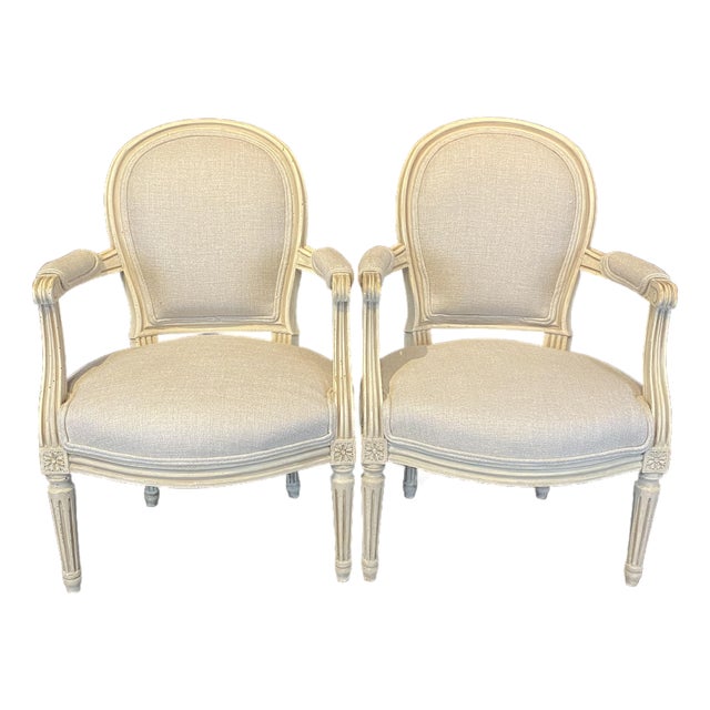 19th Century French Louis XVI Painted Neoclassical Fauteuil Armchairs -a Pair For Sale