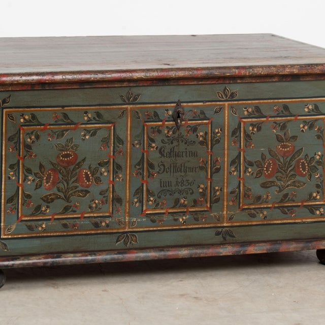 1836 Hungarian Original Hand-Painted Teal Flat Top Pine Trunk For Sale - Image 12 of 18