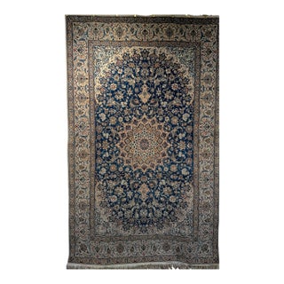 Vintage Persian Nain Rug, Handwoven Floral Pattern, Silk Highlights, Blue & Ivory, 6’ X 9’ For Sale