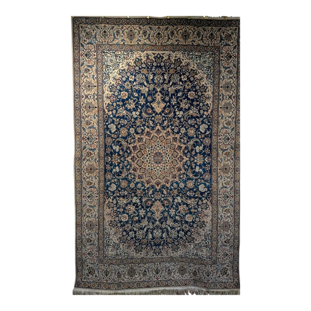 Vintage Persian Nain Rug, Handwoven Floral Pattern, Silk Highlights, Blue & Ivory, 6’ X 9’ For Sale