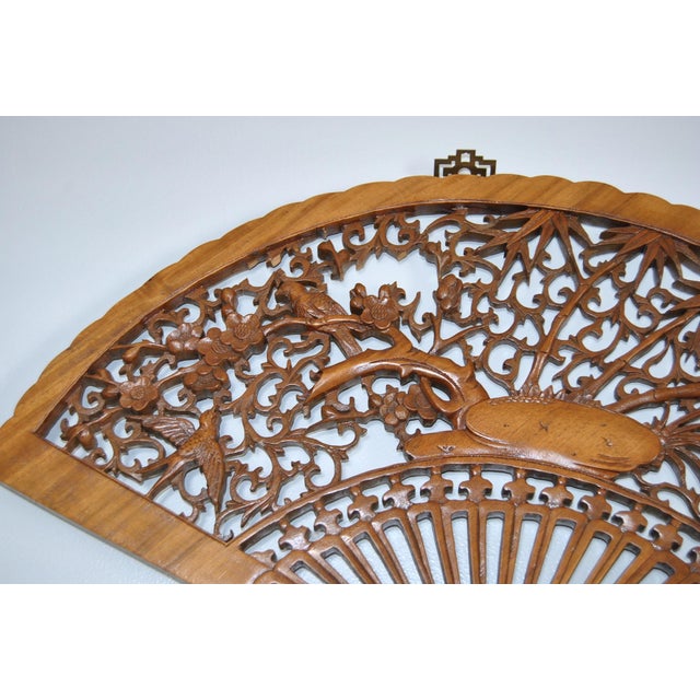 Chestnut Japanese Rosewood Scuptured Wall Fan With Cherry Blossom Birds and Bamboo Trees For Sale - Image 8 of 9
