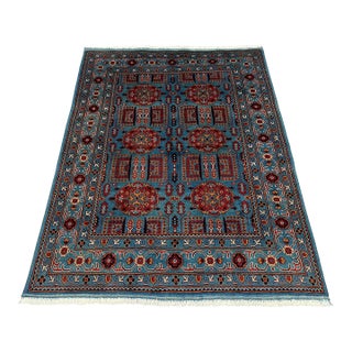 Turquoise Blue and Red Wool Area Rug, Tribal Geometric Medallion Design For Sale