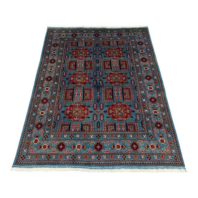 Turquoise Blue and Red Wool Area Rug, Tribal Geometric Medallion Design For Sale