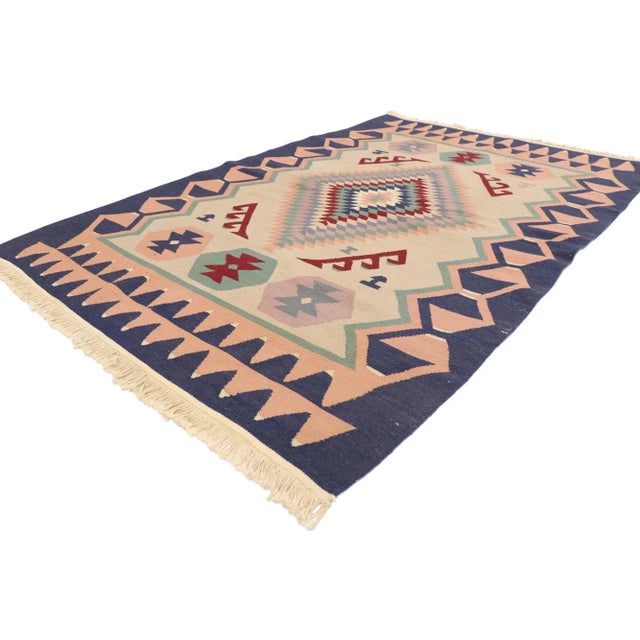 Vintage Persian Shiraz Kilim Rug with Tribal Style 03'10 x 05'10. Full of tiny details and a bold expressive design...
