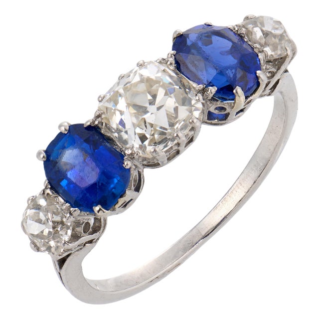 Early 20th Century Edwardian Diamond Sapphire Platinum 5 Stone Ring, Size 6.25 For Sale