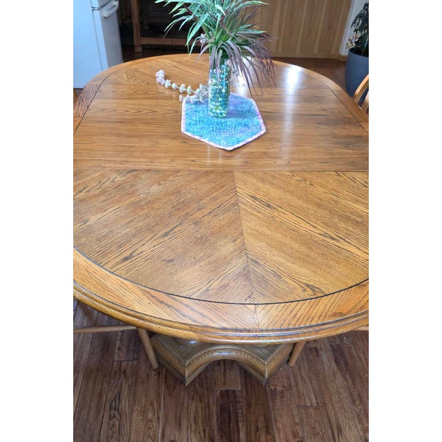 Brown Vintage Thomasville Solid Oak Pedestal Dining Set - Complete 7-Pc Set W/ Leaves & Chairs For Sale - Image 8 of 13