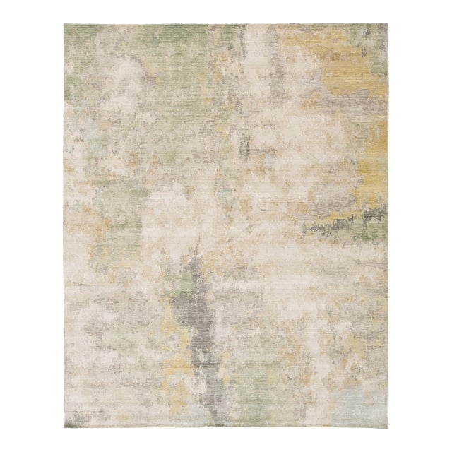 Abstract Watercolor Modern Area Rug – Sage Green, Gold, & Ivory Wool-Nylon Blend For Sale