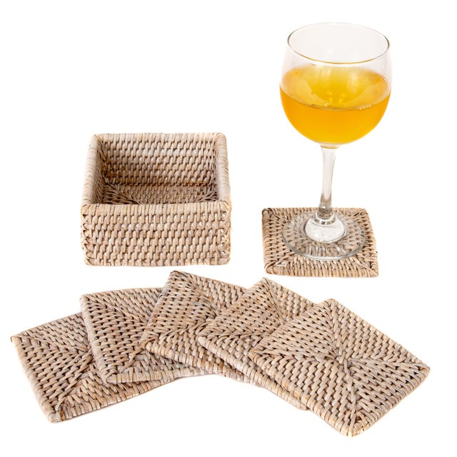 Boho Chic Artifacts Rattan Square Coasters & Box For Sale - Image 3 of 4