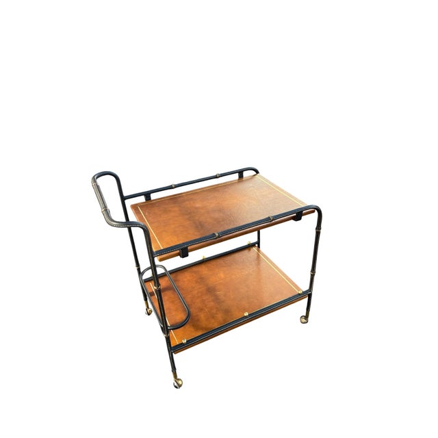 Vintage Stitched Leather Bar Cart by Jacques Adnet, 1950s For Sale - Image 13 of 13