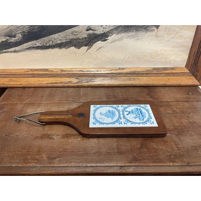 Farmhouse Vintage Decorative Wooden Board With Dutch Folk Delft Style Tiles For Sale - Image 3 of 8