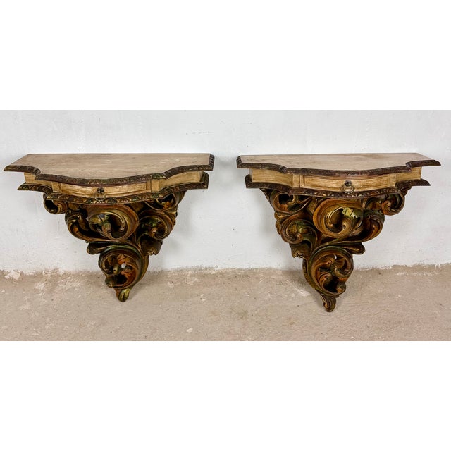 Pair of Italian Polychromed Wall Pedestals With Marble Tops, Mid-20th Century For Sale - Image 4 of 14