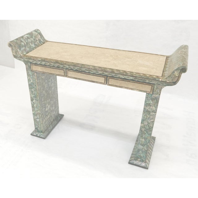 Fine Tessellated Stone Tile Mother of Pearl Rolled Edges 3 Drawers Console Table For Sale - Image 9 of 16