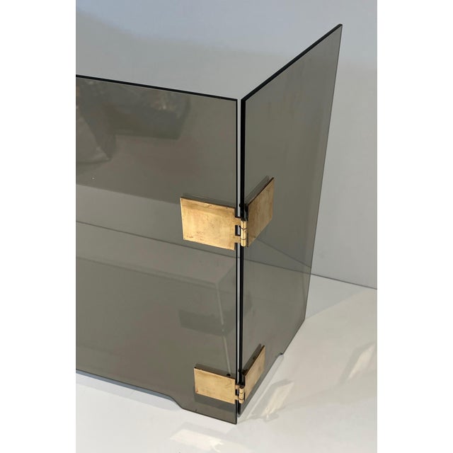 Metal Fireplace Screen Made of 3 Panels of Smoked Glass With Brass Hinges. Circa 1970 For Sale - Image 7 of 12
