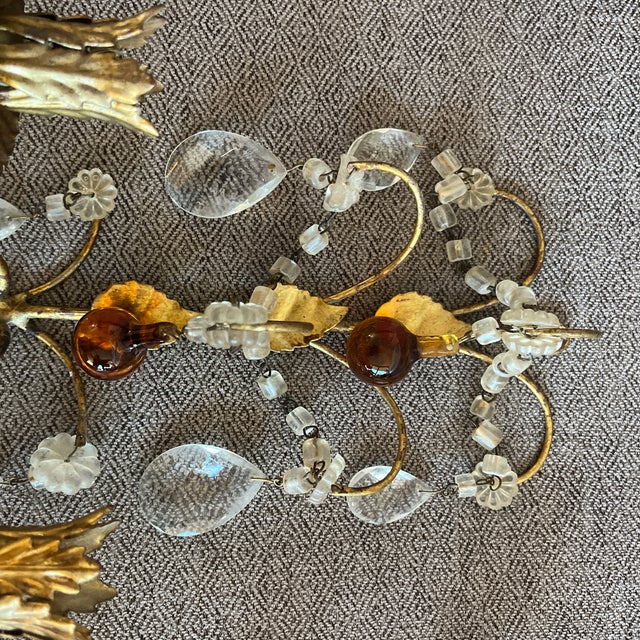 Glass Antique Pair of Italian Gold Gilt & Crystal Candle Sconces For Sale - Image 7 of 12