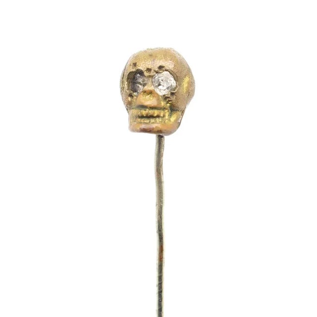 Gold Old or Antique Estate Bronze Skull Memento Mori Stick Pin With Glass Eyes For Sale - Image 8 of 12