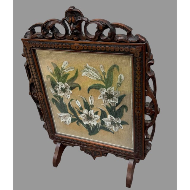 Antique Victorian Carved Walnut Firescreen With Floral Beaded Needlework Panel For Sale - Image 10 of 12