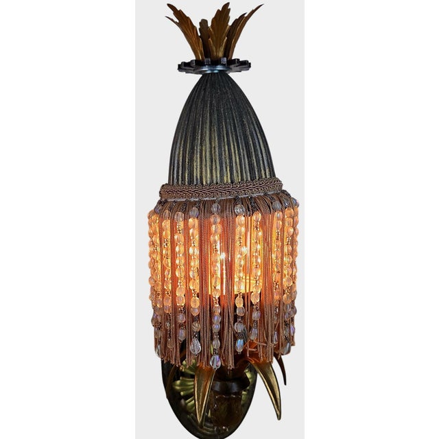 1970s Hollywood Regency Italian Gilt Torchère Wall Sconces With Beaded Fringe Shades - a Pair For Sale - Image 9 of 11