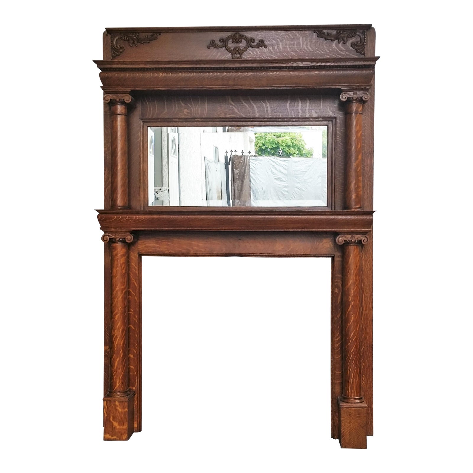 Victorian Antique American Tiger Oak Double Column Fireplace Mantel