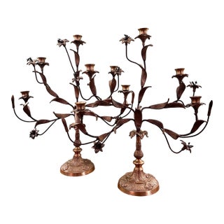 Vintage Italian or French Style Solid Brass Five-Light Floral Tole Candelabra With Original Gilt Finish For Sale