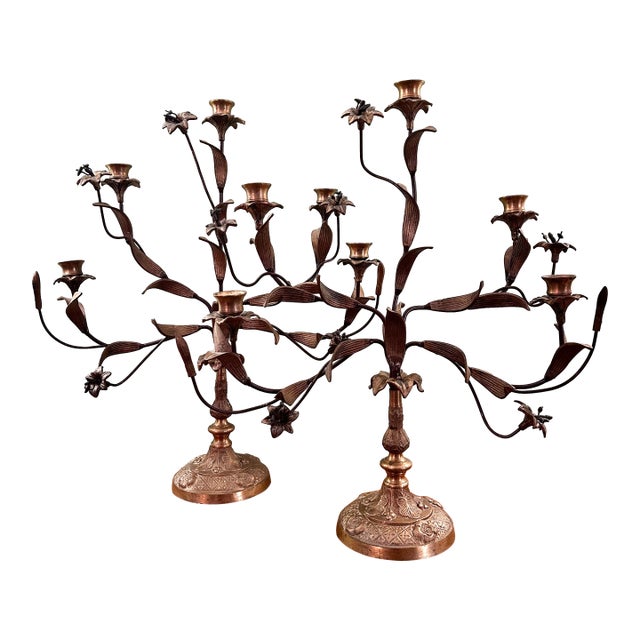 Vintage Italian or French Style Solid Brass Five-Light Floral Tole Candelabra With Original Gilt Finish For Sale