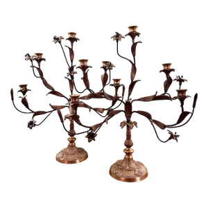 Vintage Italian or French Style Solid Brass Five-Light Floral Tole Candelabra With Original Gilt Finish