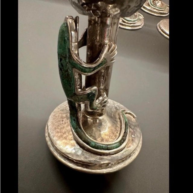 Metal Vintage 1990s Emilia Castillo Mexican Silver Plate Glasses Goblets Green Lizards - Set of 6 For Sale - Image 7 of 12