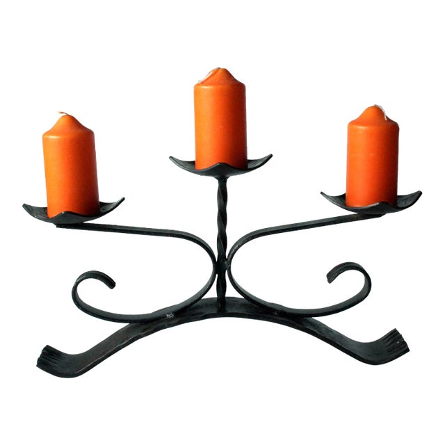 1960s Vintage - Handmade Wrought Iron 3 Arms Candle Holder For Sale