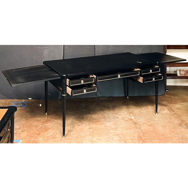 French Ebonized Writing Table or Desk With Embossed Leather Top With Side Leaves For Sale - Image 4 of 11
