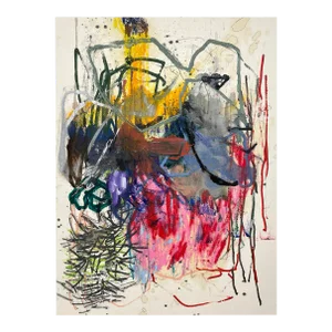 Contemporary Abstract Mixed Media on Canvas Painting "Chicken Man" by Ludovic Dervillez