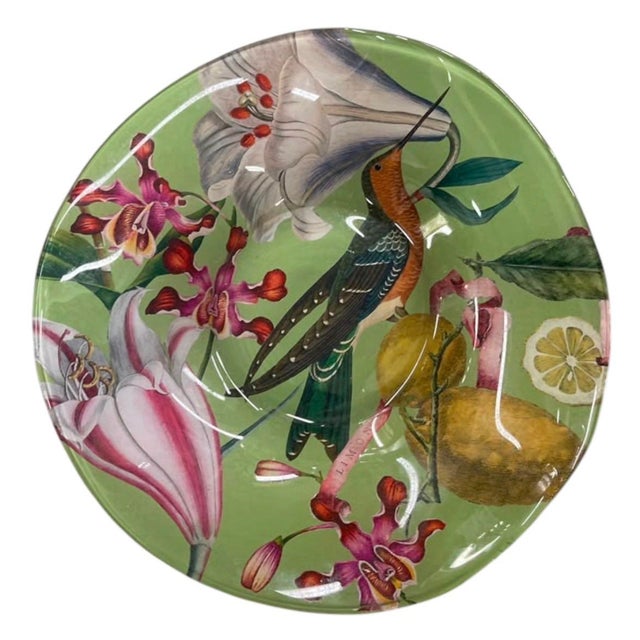 2000 - 2009 Vintage Tropical Botanical Decoupage Glass Shallow Bowl – Hummingbird & Orchids For Sale - Image 5 of 12